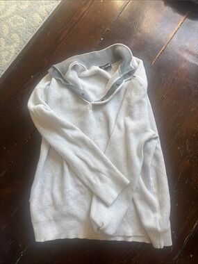 Express Light Gray Ribbed Button-Neck V‑Neck Sweater